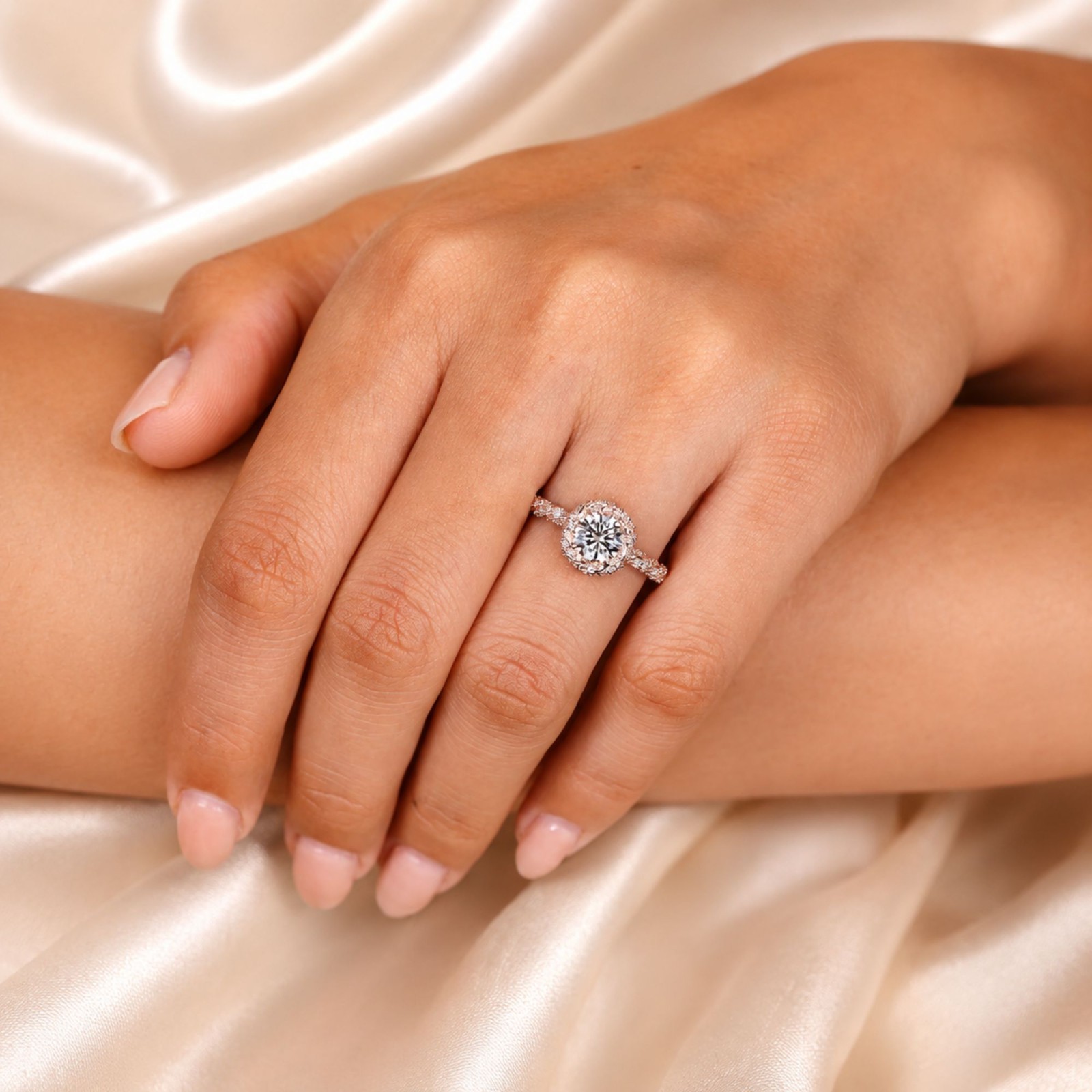 1.00 CT Sterling Silver Round Cut Diamond Ring in Halo Style with Twisted Design