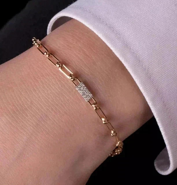 Paper Clip Style Bracelet VVS1 Moissanite 1Ct Round Cut 14K Yellow Gold Plated