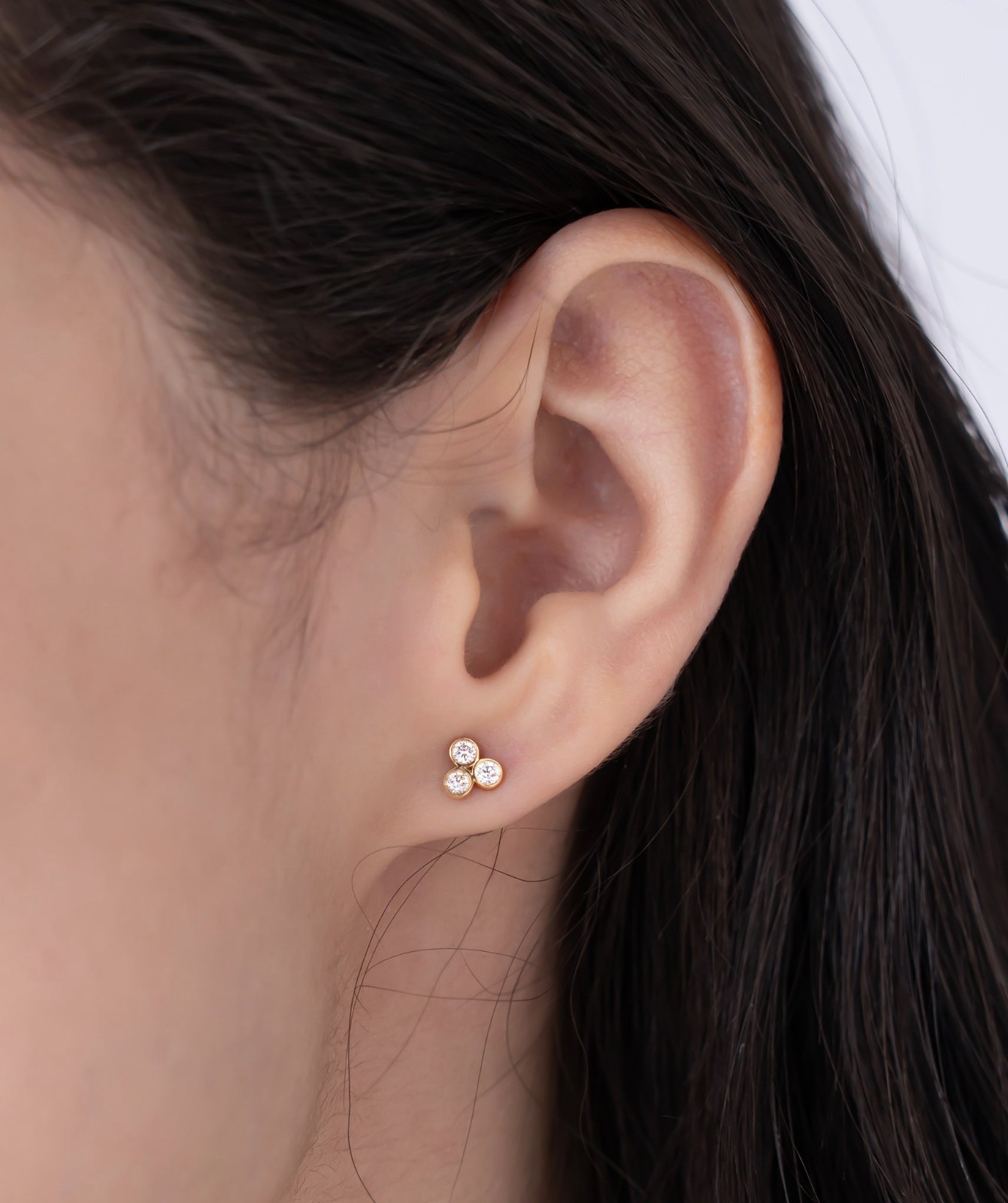 Round Cut Lab Grown Diamond 14K Solid Gold Dainty Trio Bezel Set Stud Earrings