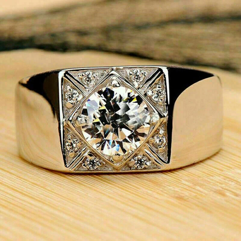 1.80 Ct Round Cut Real Moissanite Men’s Band Pinky Ring 14k White Gold Plated