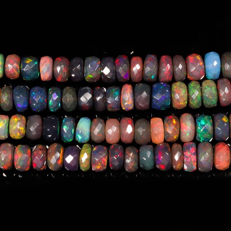 AAA Black Ethiopian Opal Beads: Faceted Rondelle Multi Fire Gemstone