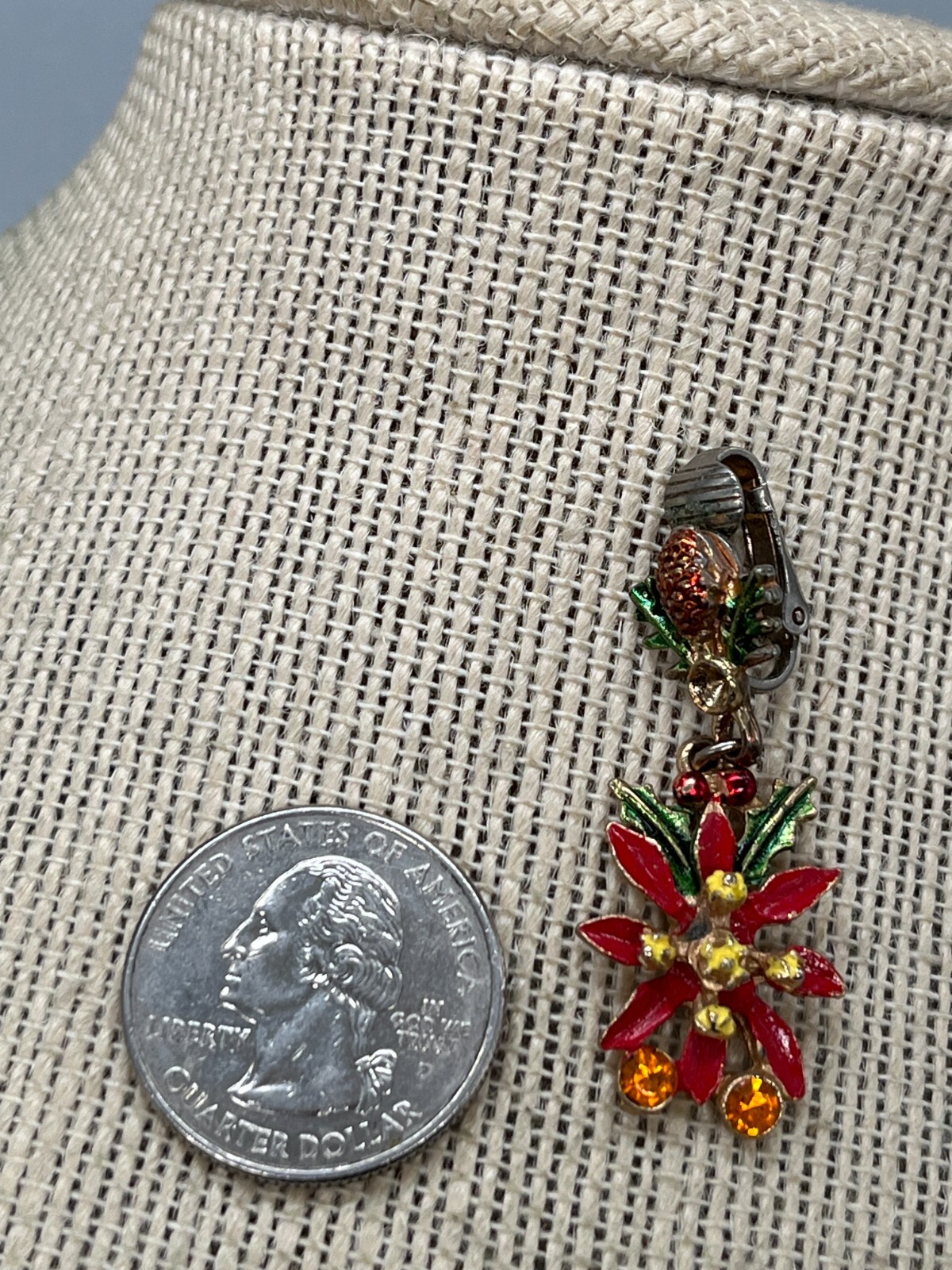 Vtg Christmas Metal and Enamel poinsettia Dangling Clip-on Earrings 1.5″ wbk