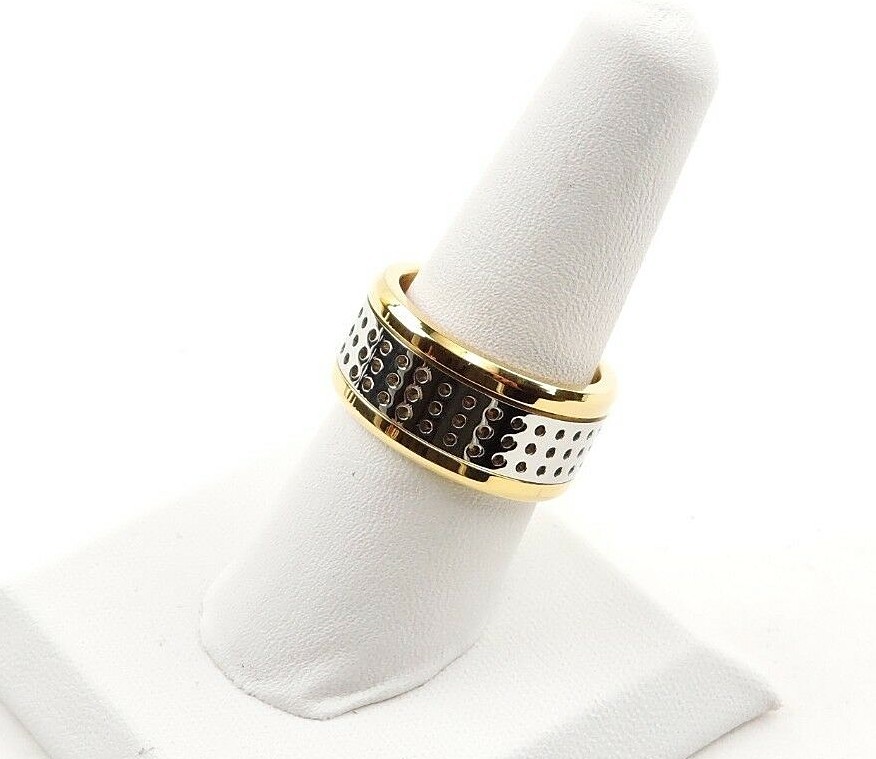Stainless Steel 2 Tone Silver & Gold IP Textured Wide Band Spinner Ring