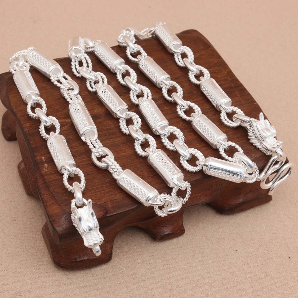 Pure S999 Fine Silver Chain 6mm Pillar Beads Dragon Head Link Necklace 44-45G