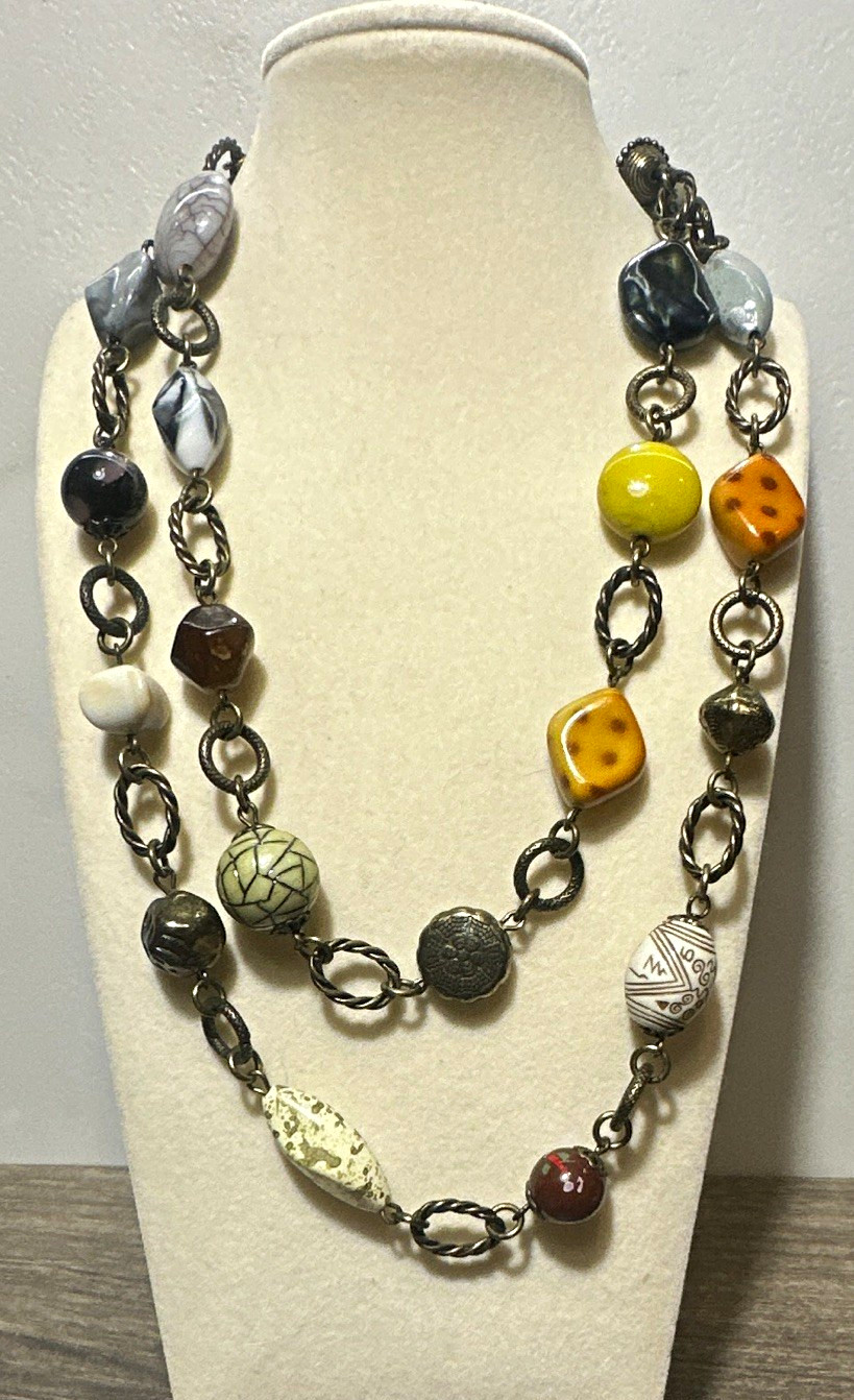 Premier Multicolor Bead & Stone Gold Tone Link Necklace Lobster Clasp Adjustable