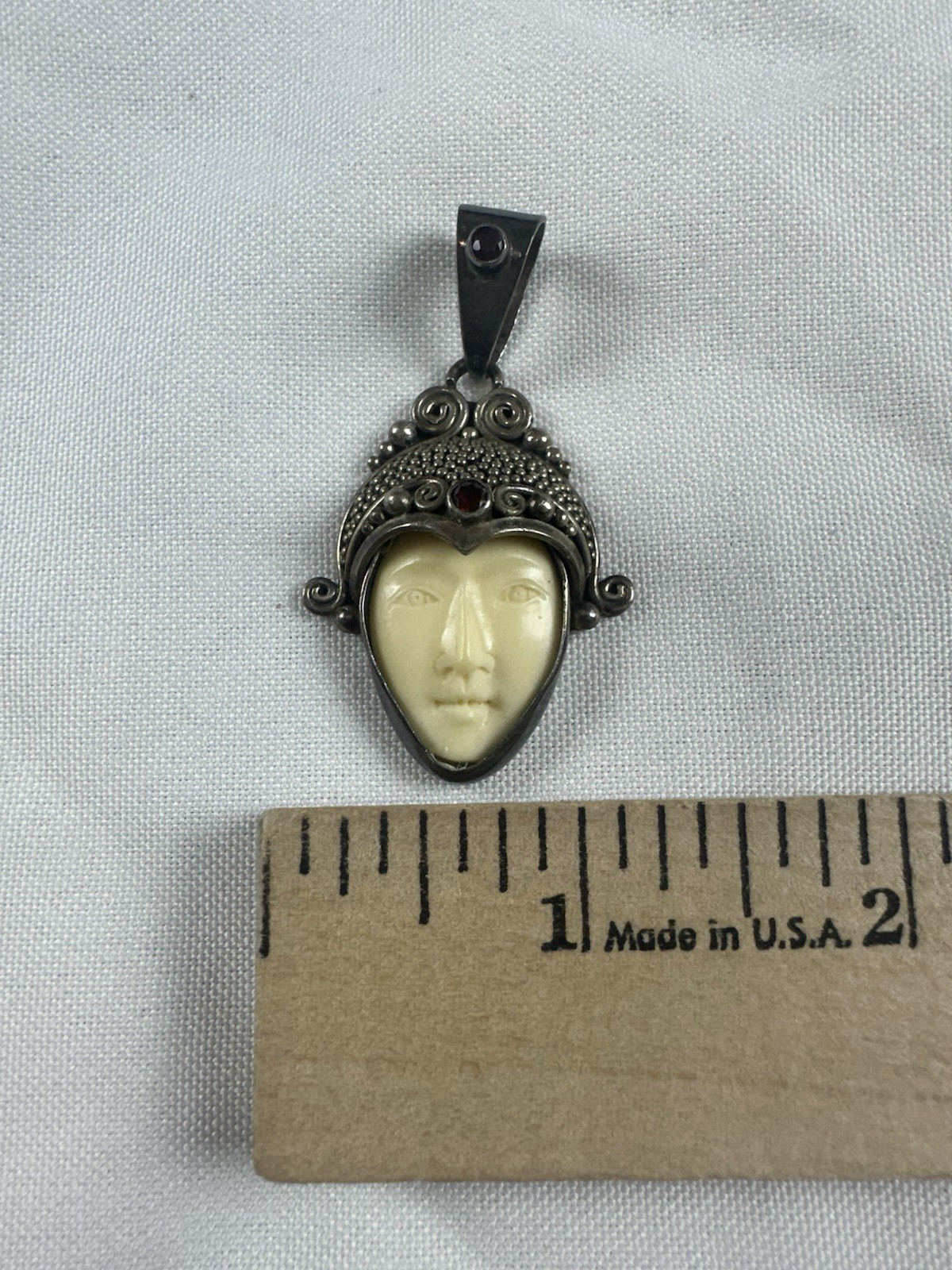 Vintage Sajen Sterling Silver 925 Carved Face Goddess Red Gemstones Pendant 2″