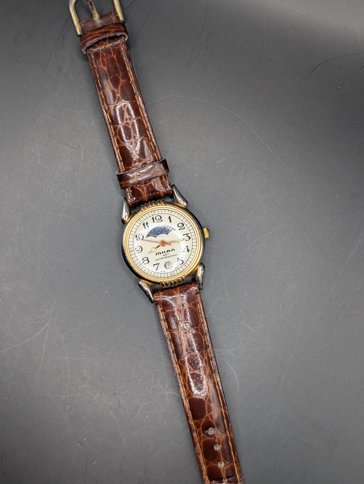 Milan Advance Moon Phase Date Quartz Watch Brown Leather Band 100FT Water Resist