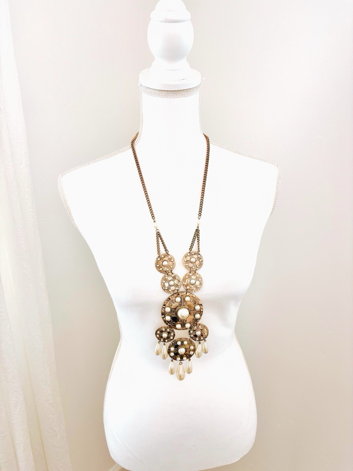Vintage Statement Necklace in Brass & Faux Pearl with 6” Medallion 28-31”