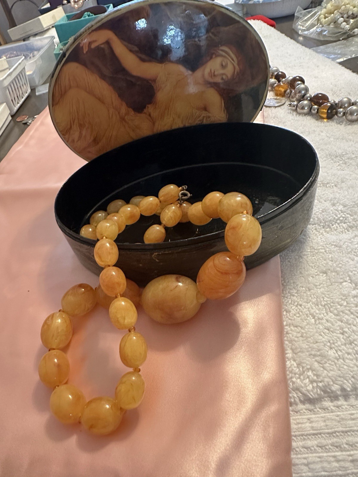 Antique Egg Yolk Translucent Lucite Beaded Necklace • 24” Graduated • 82g Estate