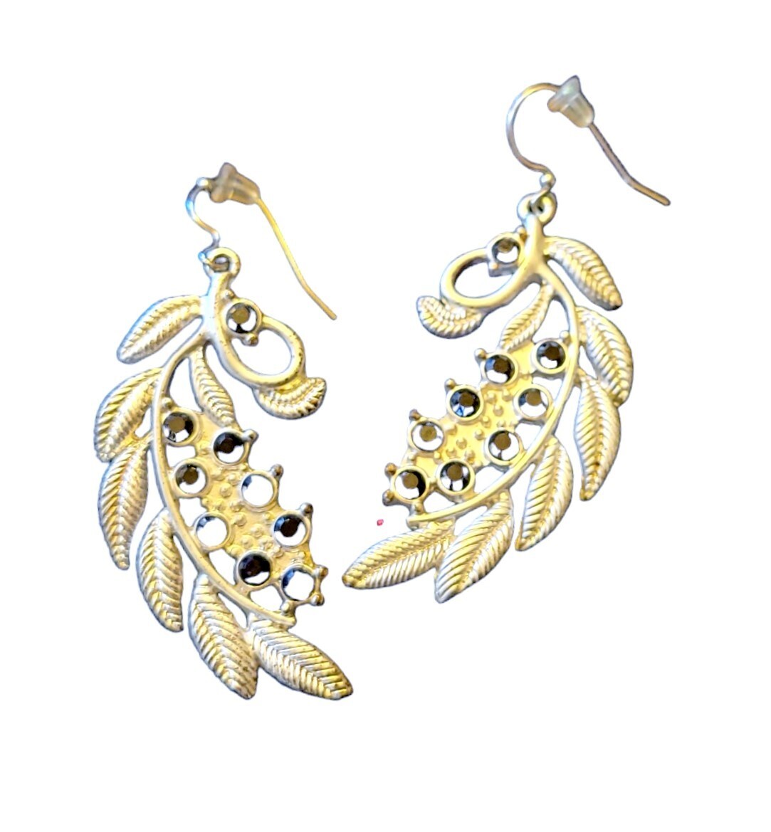 SILVER Branch Leaf Dangle Earring BLACK Stone Accents LIGHTWEIGHT Jewelry