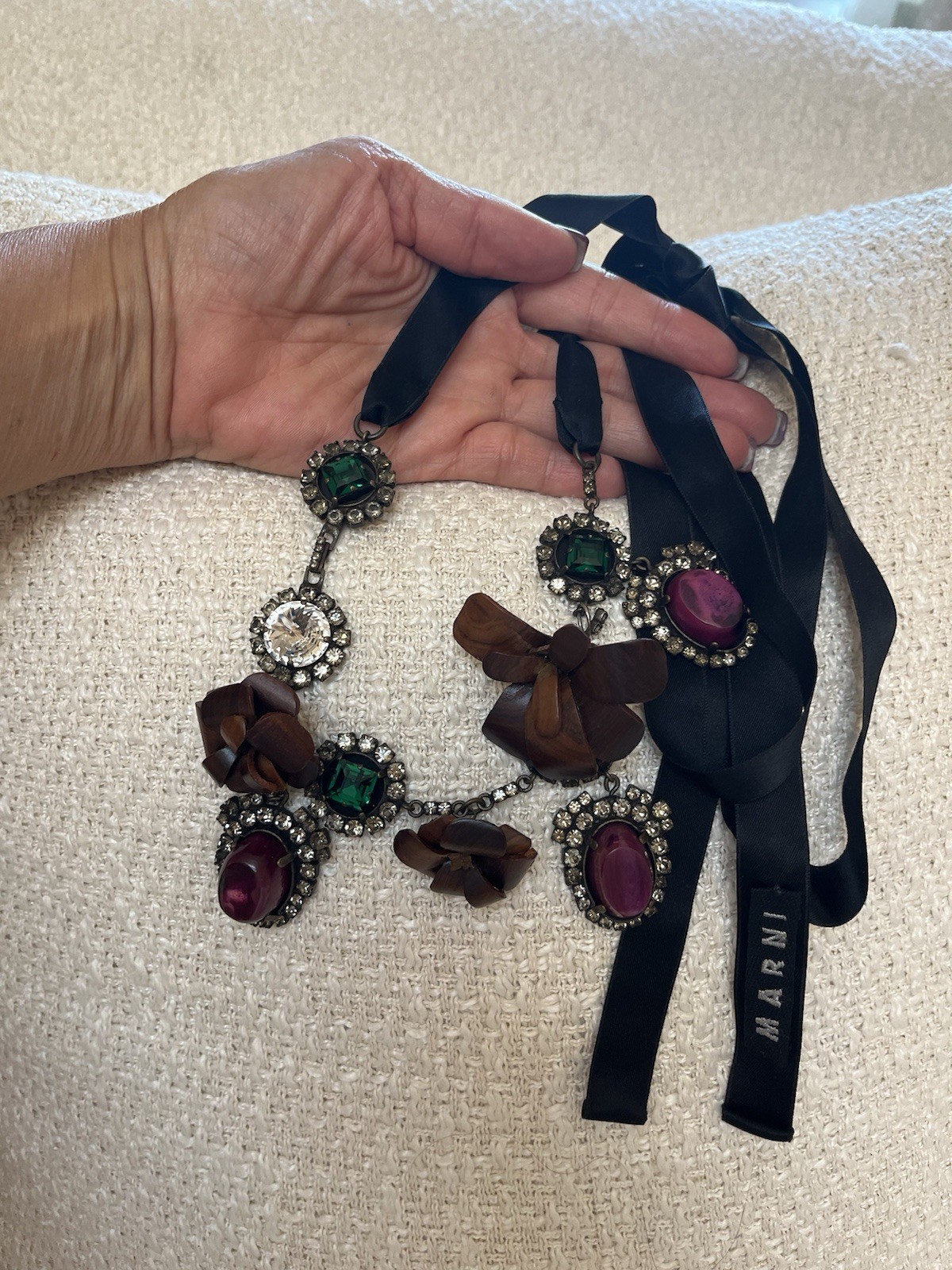 Marni Statement– Crystal, Resin & Satin Ribbon Tie Necklace Rare Barney’s