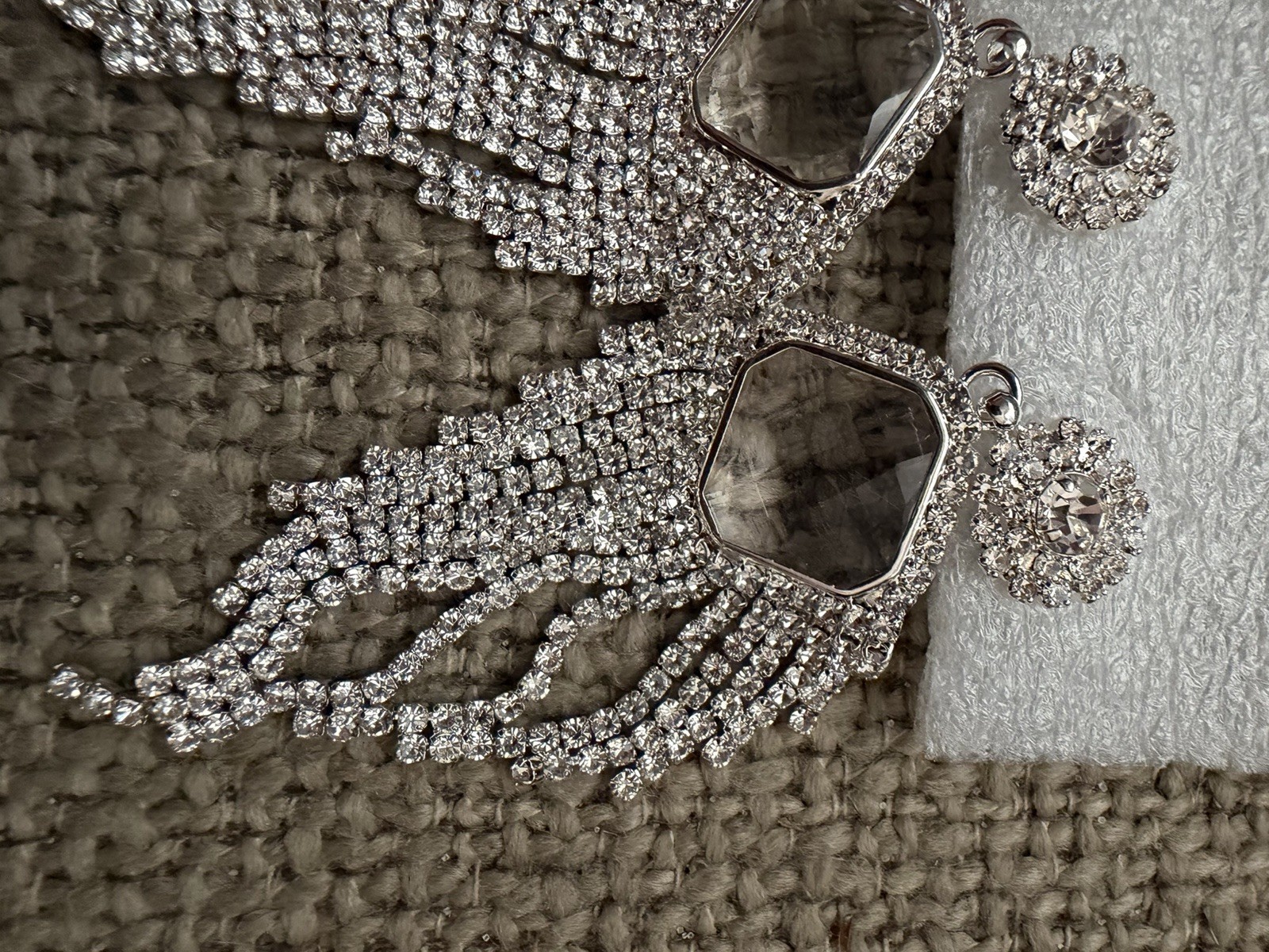 Silver Tone Clear Crystal Rhinestone Fringe Dangle Drop Earrings 3.5 in