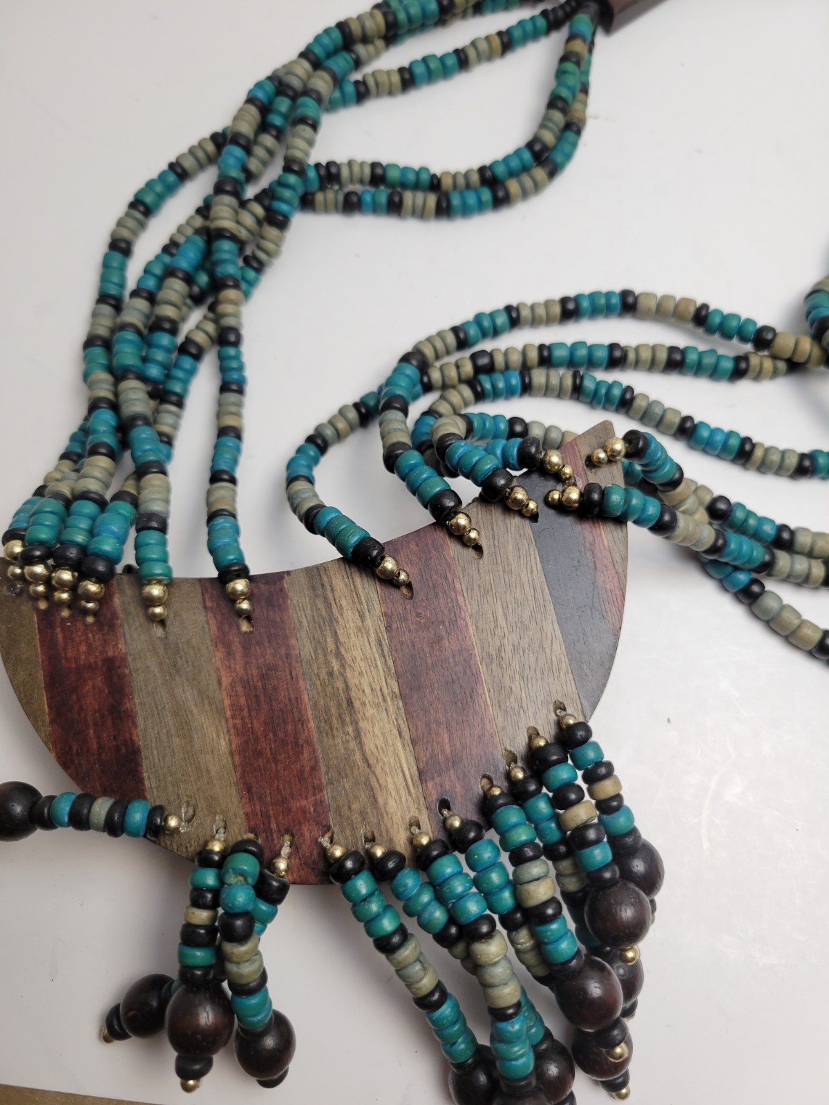 Vintage Tribal Multi Strand Wood Bead Fringe Bib Necklace Turquoise Black Boho