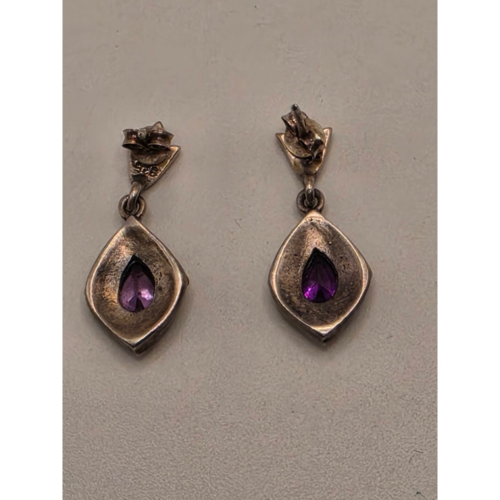Vintage Sterling Silver Amethyst Marcasite Drop Earrings Art Deco Style 925