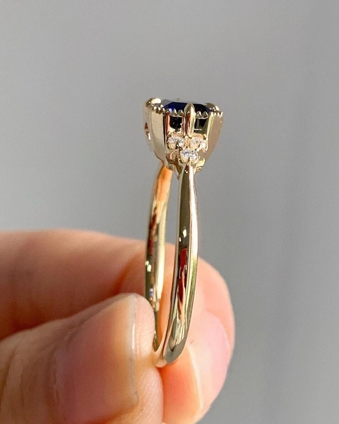 Art Deco Emerald Cut Sapphire & Lab Created Diamond Engagement 14K Gold FN Ring