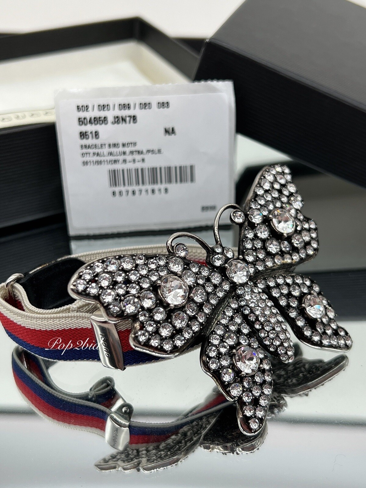 NWT 100% Authentic GUCCI Crystal Butterfly Web Strap Adjustable Bracelet