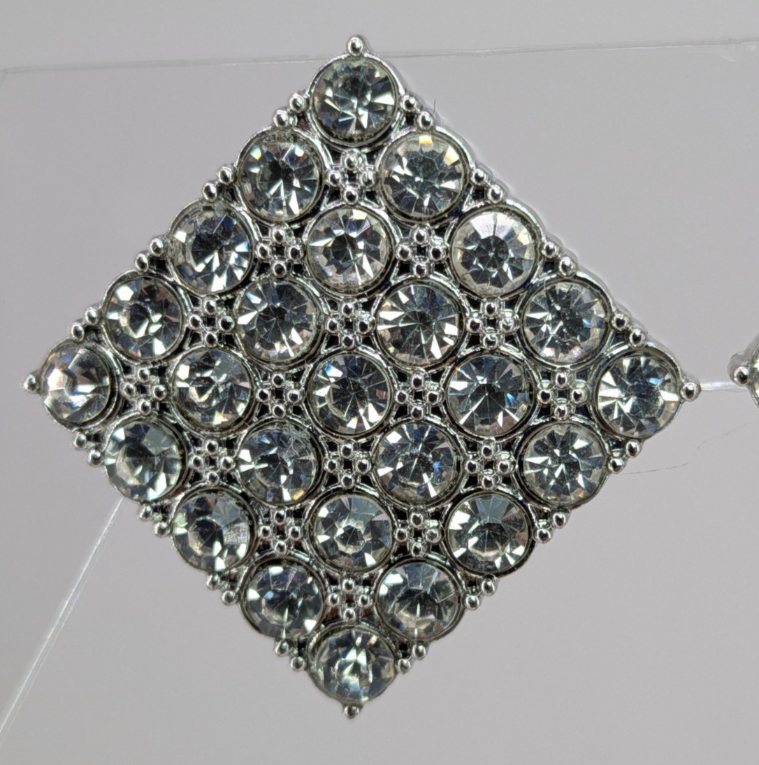 Vintage Rhinestone Stud Earrings Silver Tone Diamond Square Pave 15/16in Clear