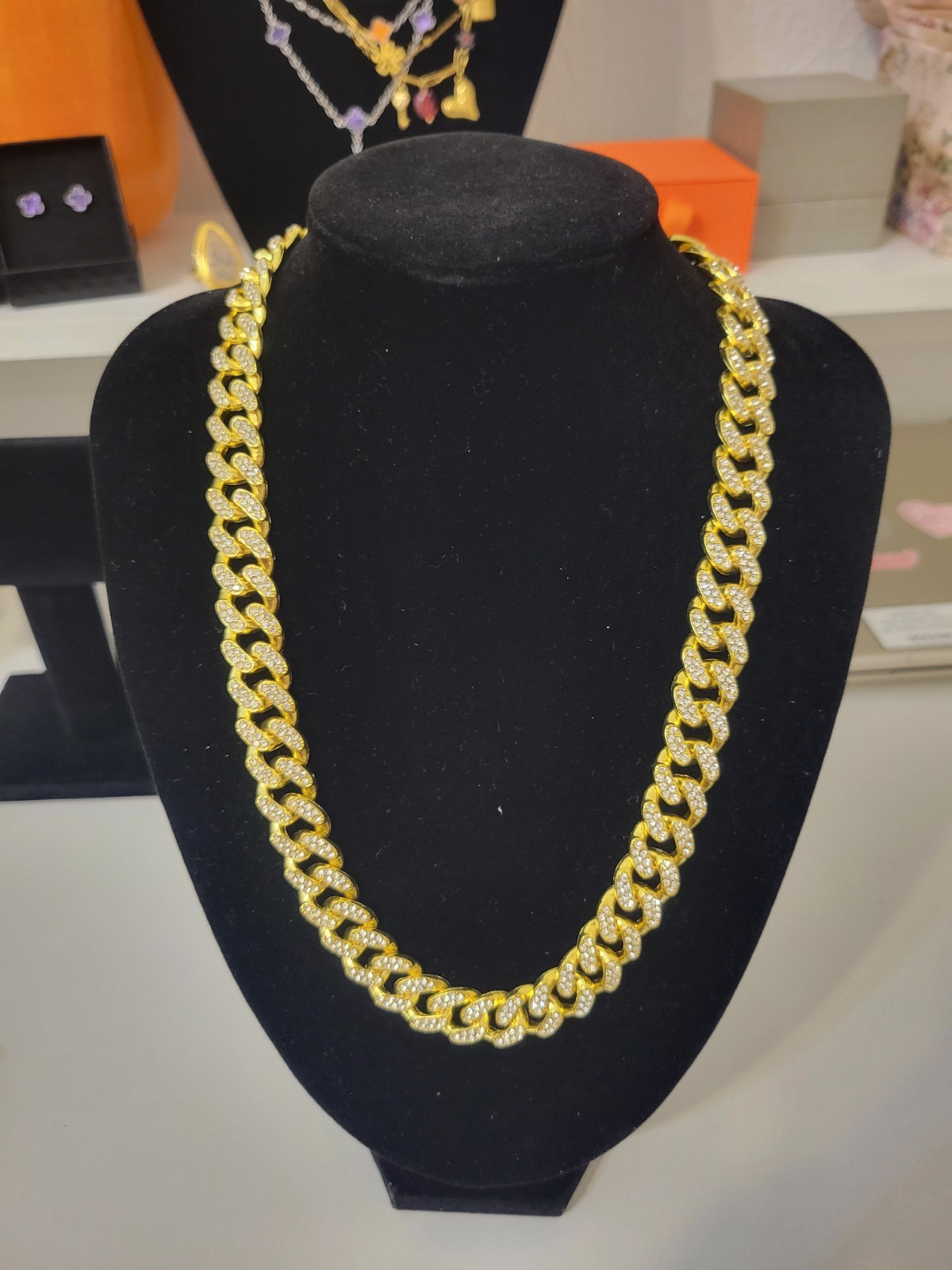 Gold Plated Iced Out Cuban Link Chain Necklace White Crystal Pavé Box Clasp