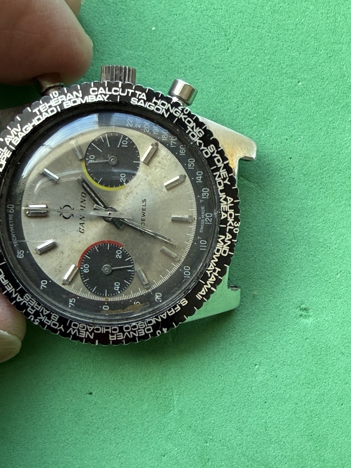 Vintage CANDINO PANDA Dial Chronograph World Time Bezel Valjoux 7733
