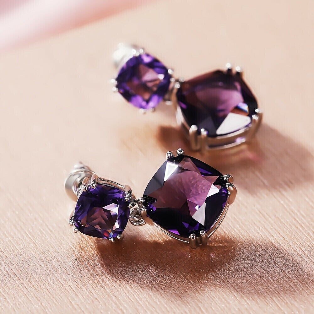 4Ct Cushion Cut Simulated Amethyst Drop/Dangle Earrings In 14K White Gold Plated