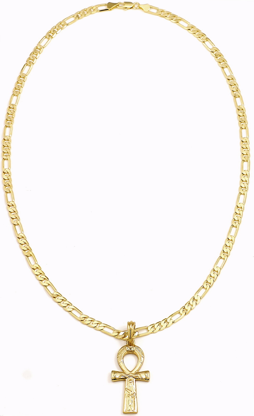 Ankh New Necklace Egyptian Pendant with 24 Inch Long Figaro Chain