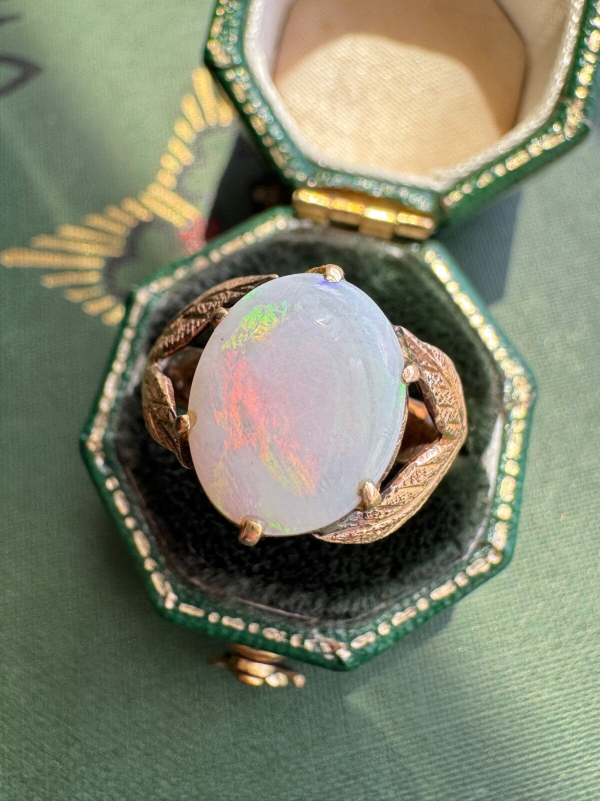 Vintage 18K Cabochon Opal Ring with Leaves Arts and Crafts Style