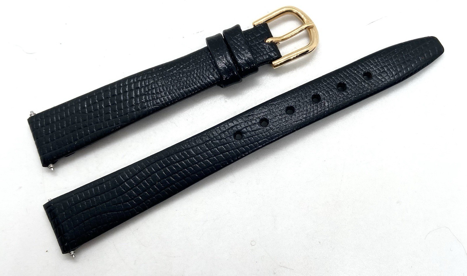 NEW NOS Watch Band 13mm Lug Black Lizard Calf Leather Gold Buckle W/Spring Bars
