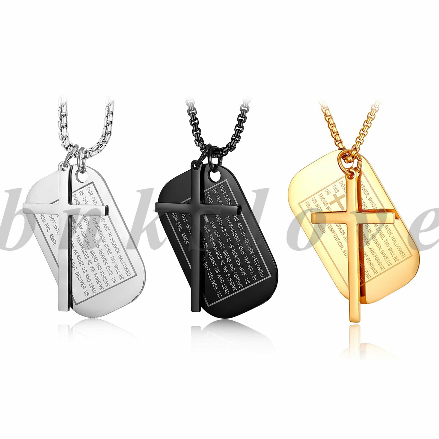Men’s English Bible Verse Cross Dog Tag Pendant Necklace Stainless Steel Chain