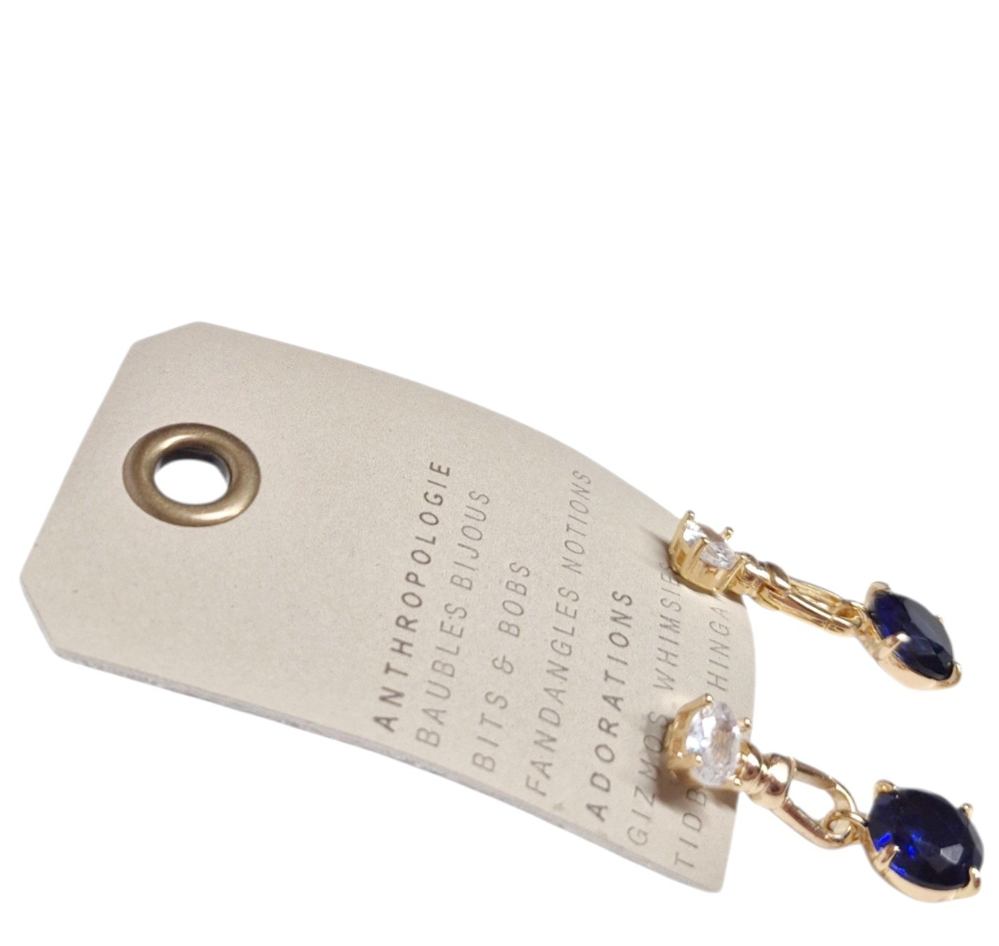 Anthropologie Crystal Clasp Drop Earrings Sapphire Blue 14k Gold Plate Brass NWT