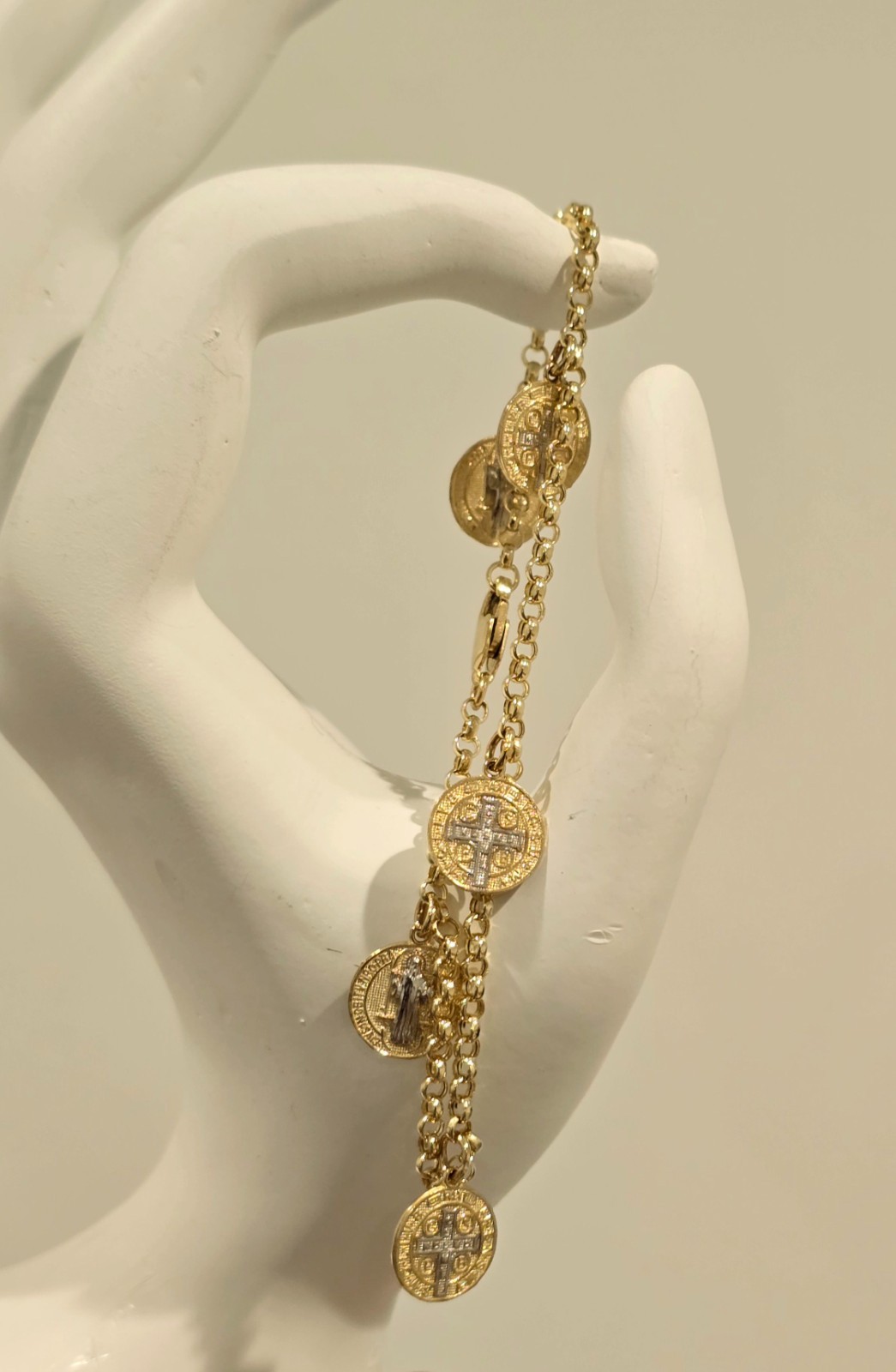 14k 2 Tone Gold San Benito Saint Benedict Rolo Chain Protection Bracelet