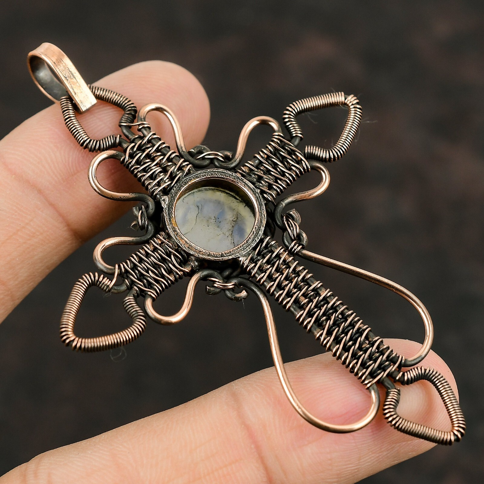 Rainbow Moonstone Copper Gift For Briedsmaid Wire Wrapped Cross Pendant 3.27″