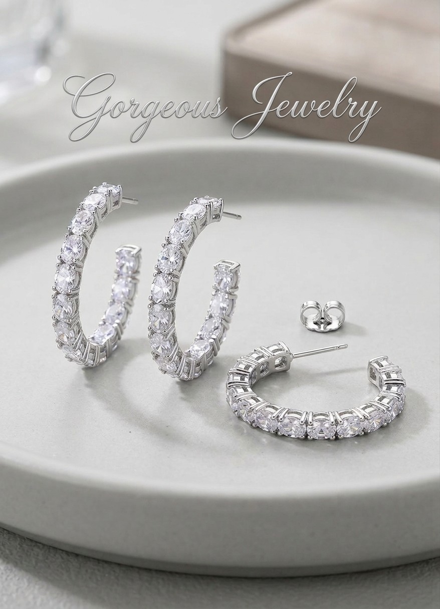 White Topaz Inside Out Hoop Earrings 6x4mm Oval Push Back Iced Out Made In USA