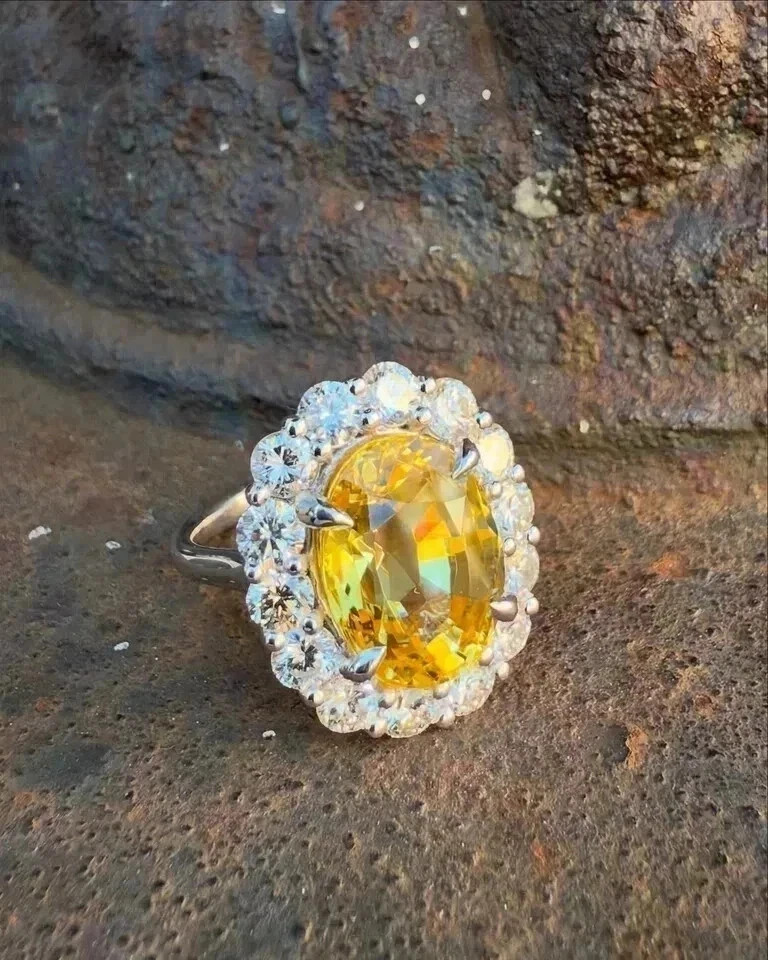 Oval Cut 6.30Ct Natural Yellow Sapphire & Diamond 950 Platinum Wedding Ring