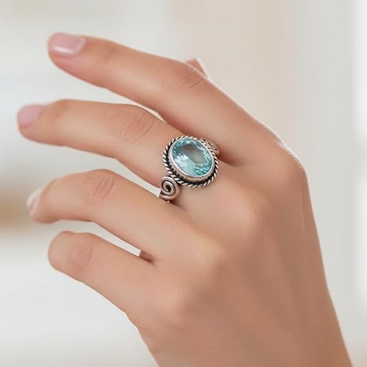 100% Natural Sky Apatite Oval Cut Ring in 925 Oxidized Sterling Silver