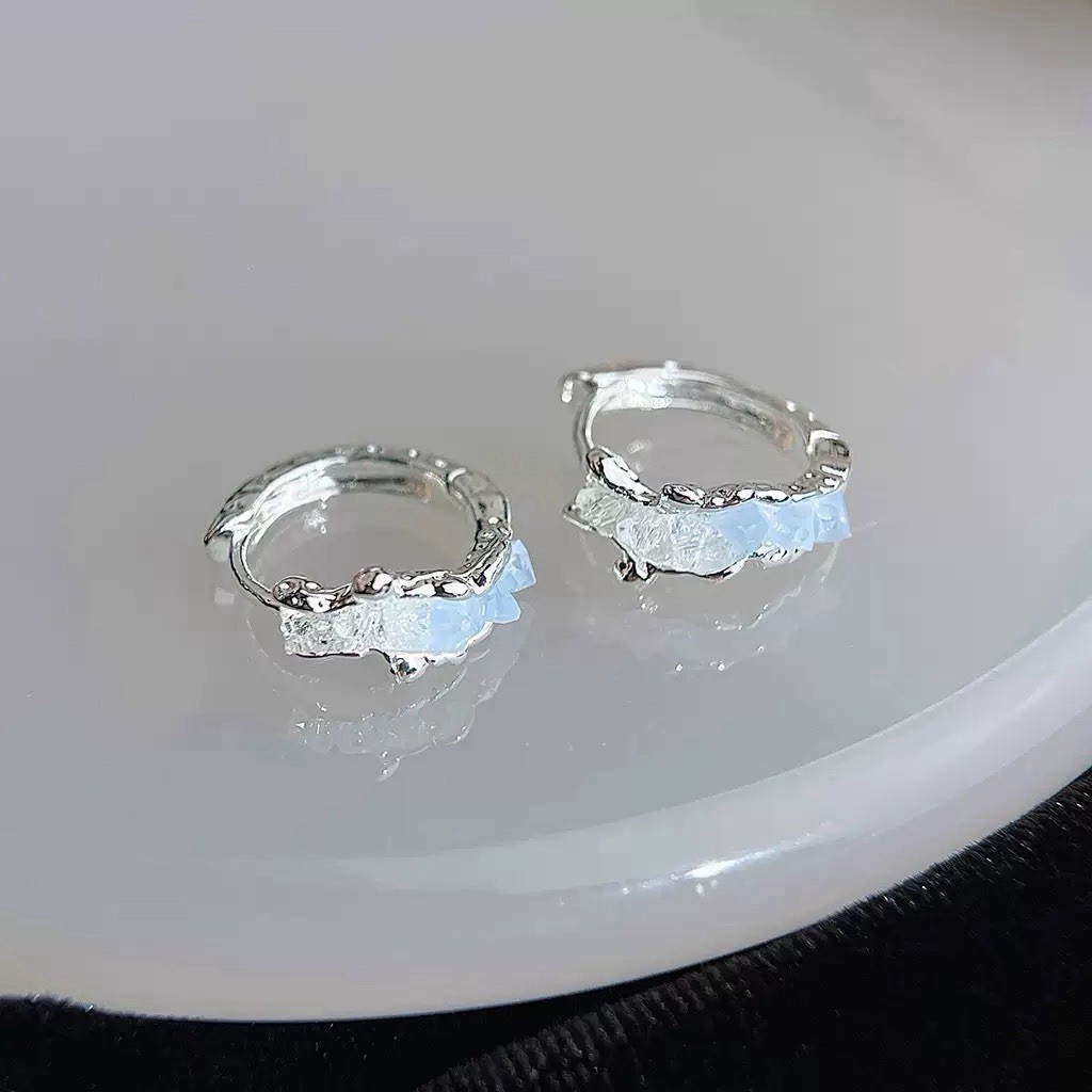 925 Silver Glass Crystal Huggie Hoop Earrings Minimalist Irregular Crystal A15