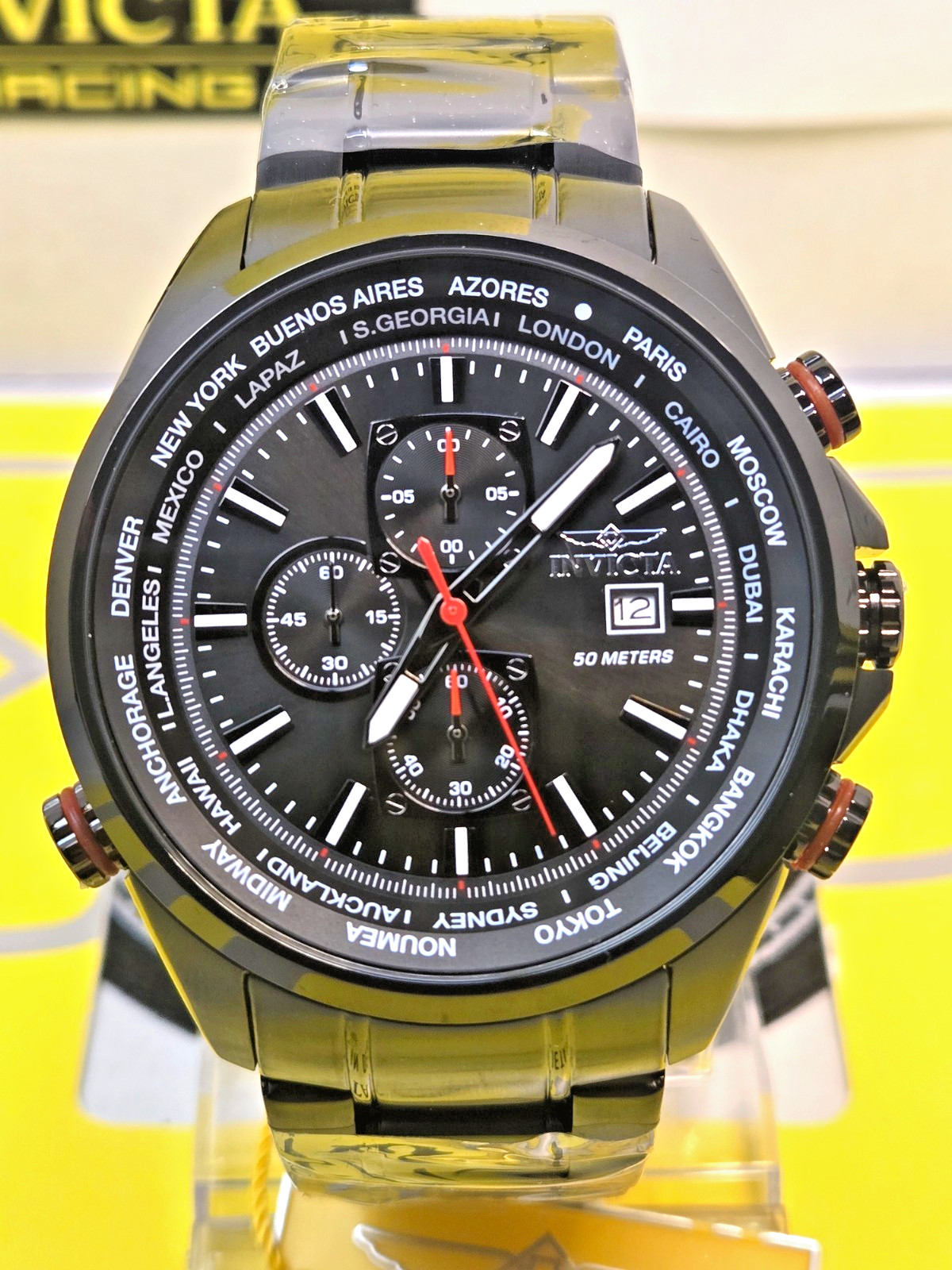 Invicta Aviator Interceptor Men Watch 50mm Black Steel Chrono w/ Slide Bezel NEW