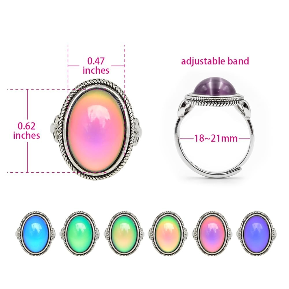 Vintage Adjustable Antique Silver Plated Mood Ring | Color Change Oval Stone, Gi