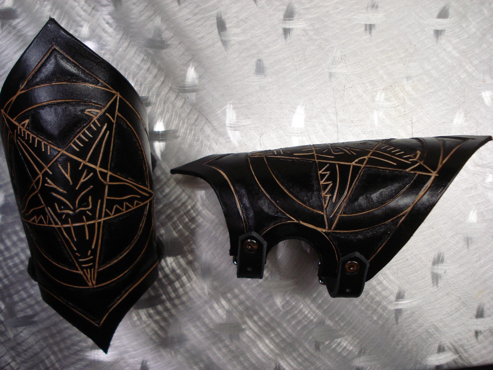 LEATHER BAPHOMET CARVED GAUNTLET. BLACK METAL…(MDLG0149) …..BEHEMOTH