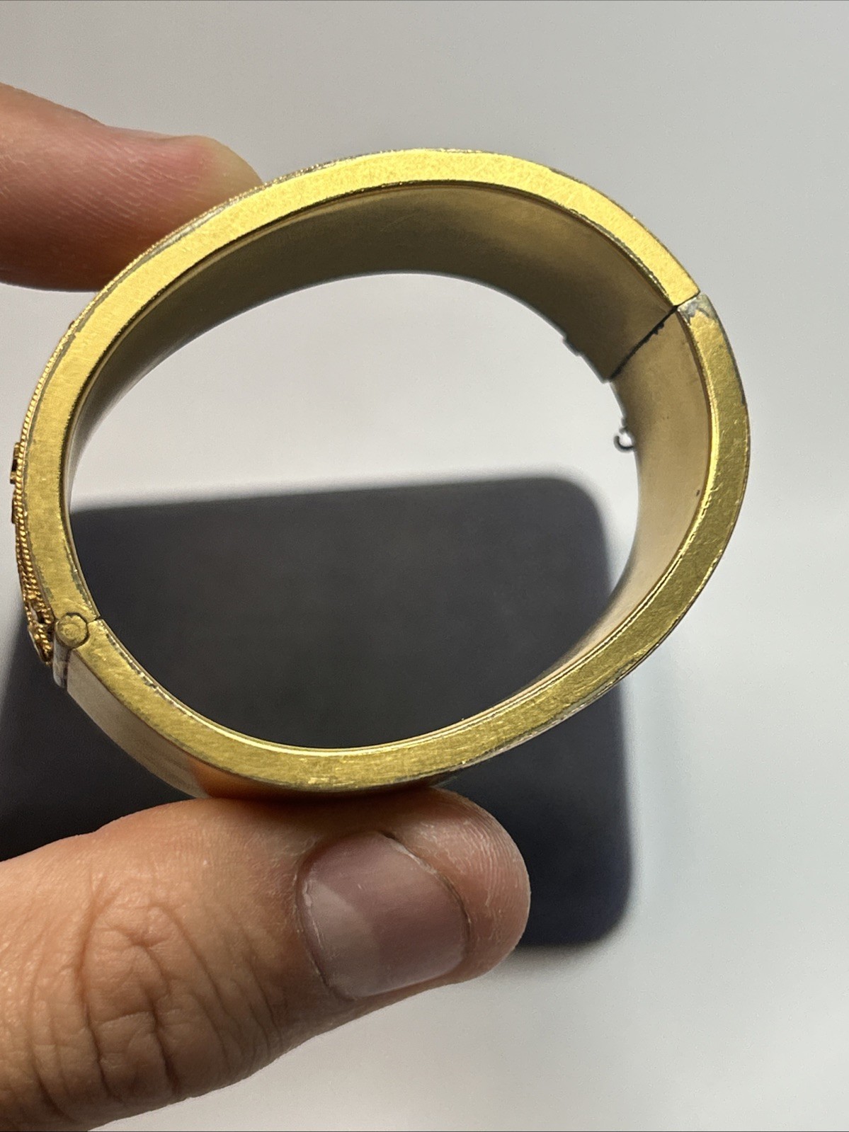 Victorian Etruscan Revival Gold Gild Wide Floral Motif Insert Clasp Bangle