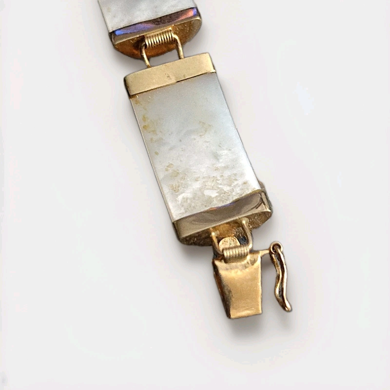 14K Yellow Gold Mother Of Pearl Gemstone Panel Tennis Bracelet Vintage Push Lock