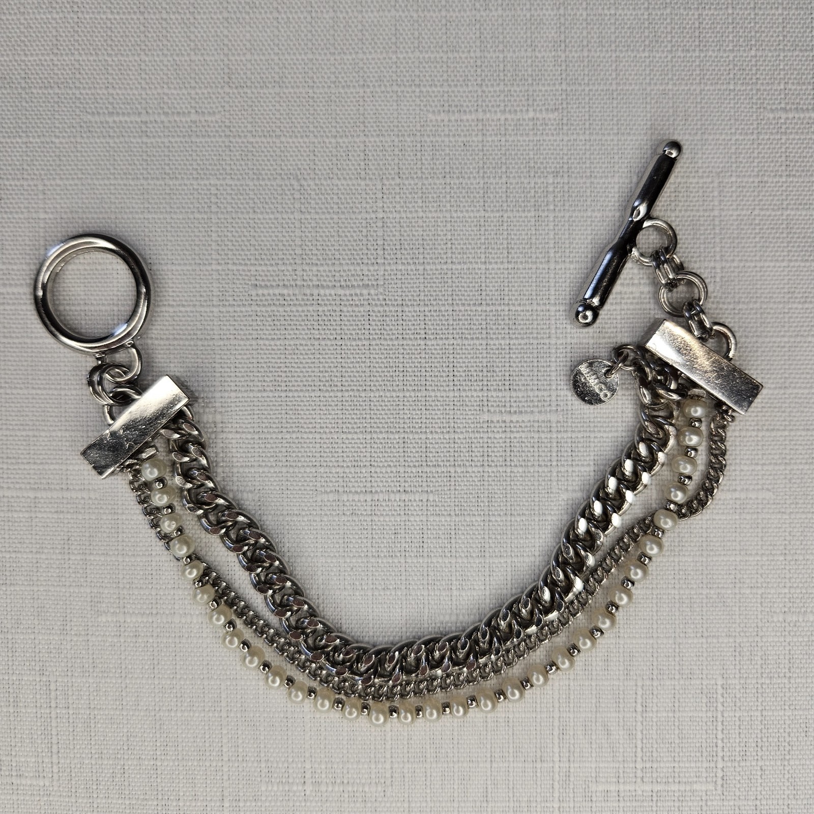 Mimco Signed Silver-Tone Multi-Strand Curb Link Faux Pearl Toggle Bracelet