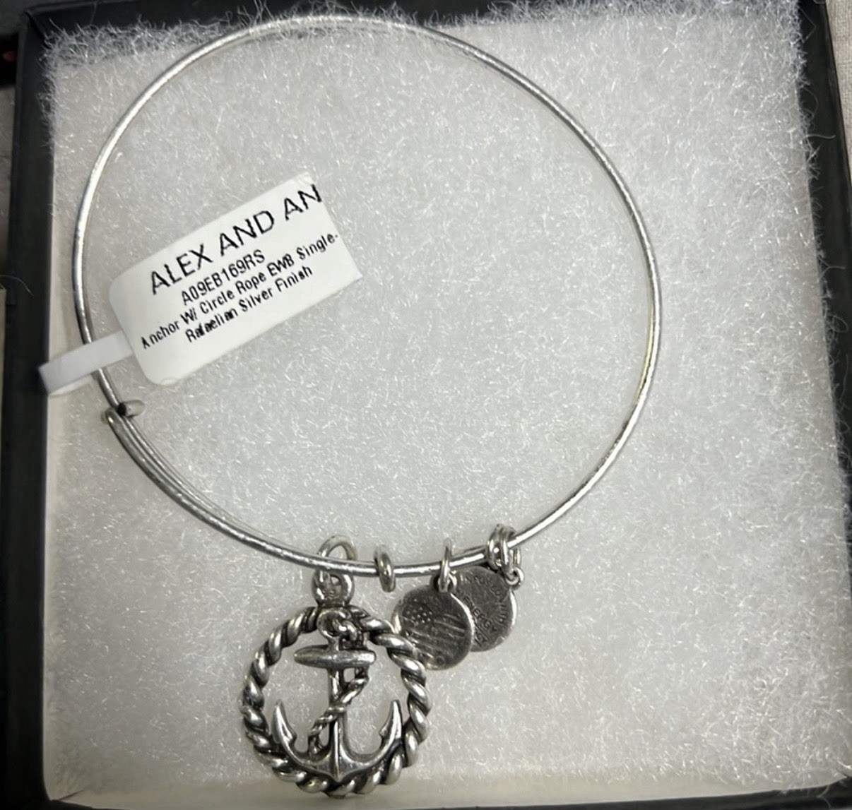 Alex and Ani Nautical Anchor Dangle Charm Adjustable Bangle Bracelet Silver Tone