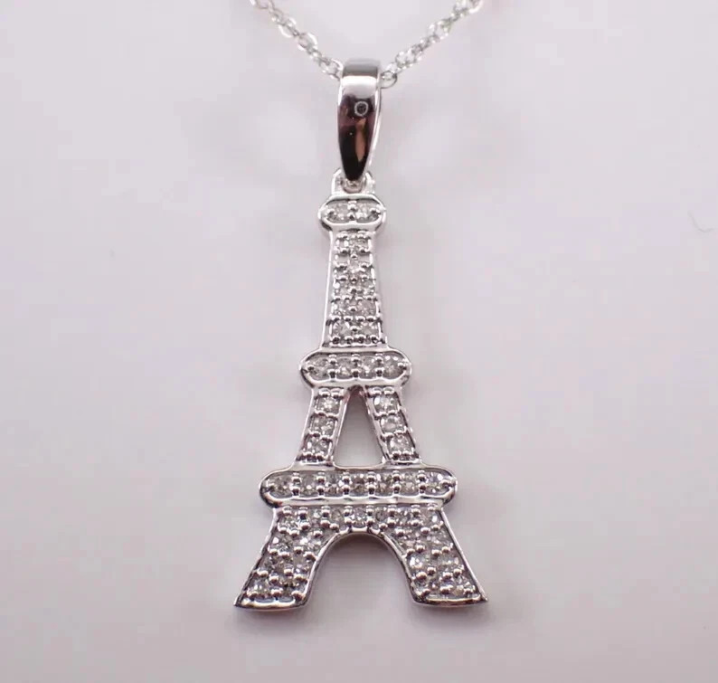 1.50Ct Round Real Moissanite Eiffel Tower Pendant 14K White Gold Plated Silver