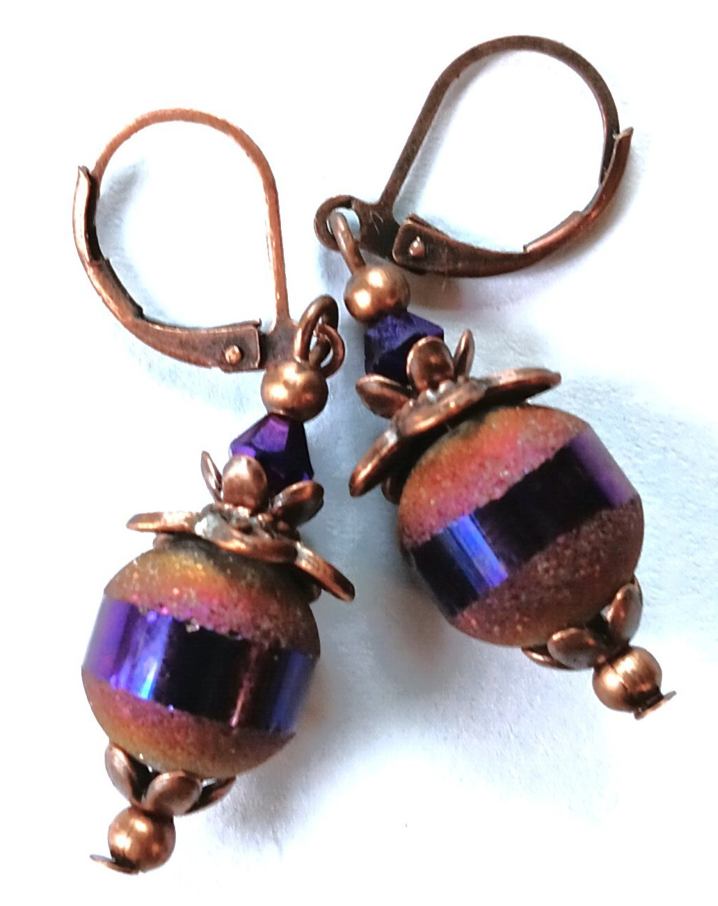 PURPLE frosted CRYSTAL earring COPPER LEVERBACK handcrafted #XSP-b