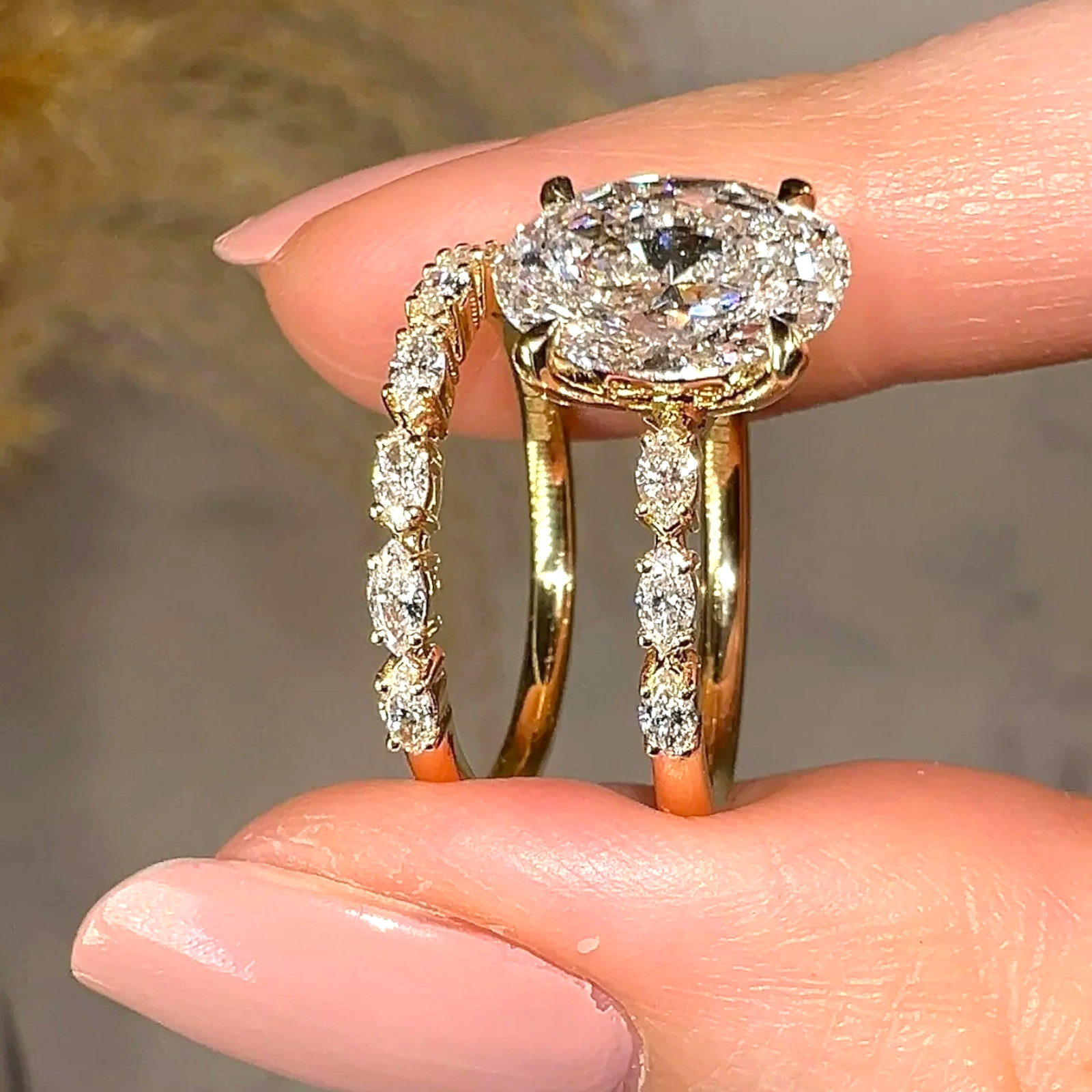IGI Lab Grown Diamond Engagement Band Set Ring 3.25 Ct Oval Cut 18k Yellow Gold