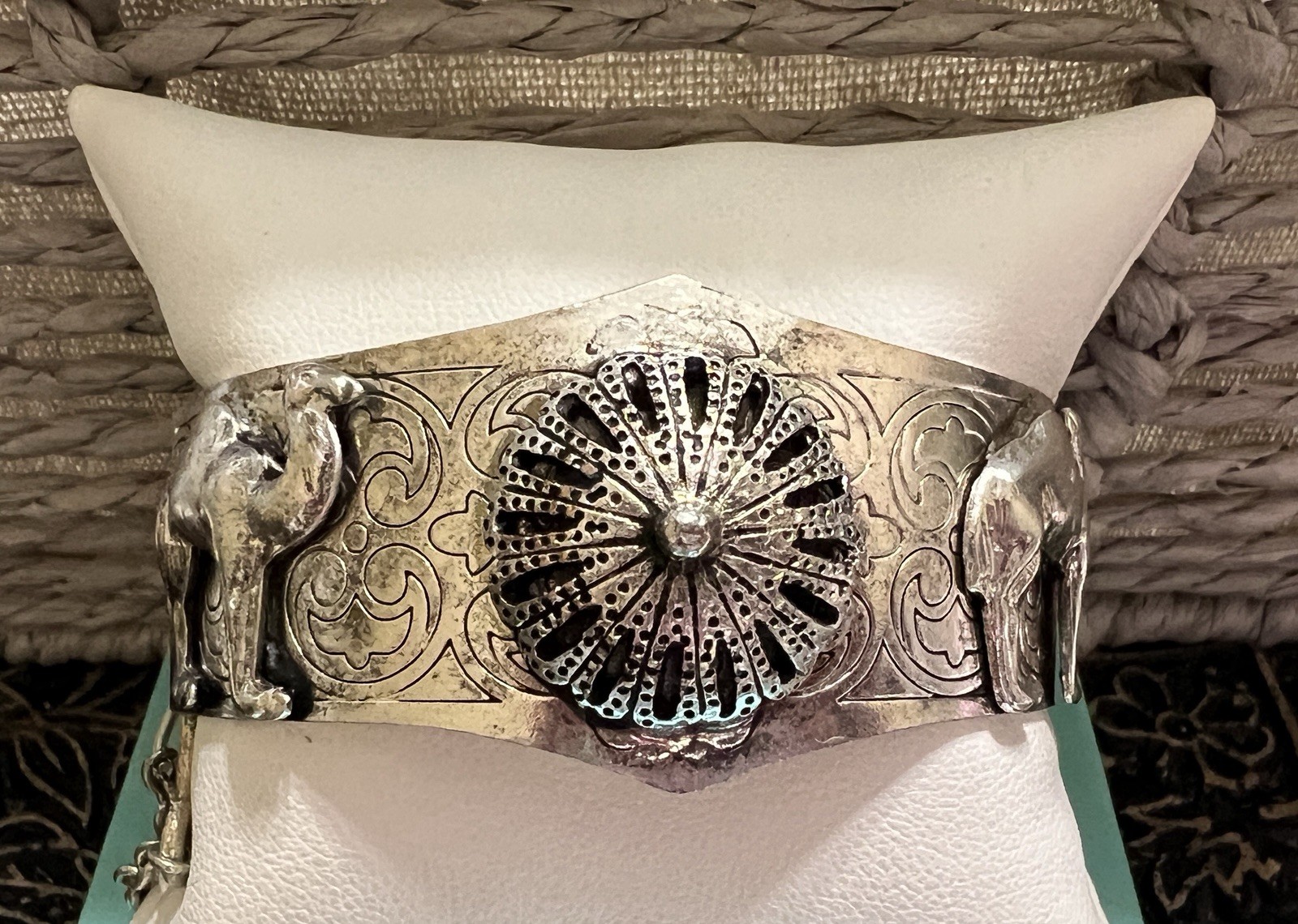 Vintage Egyptian Revival Silver Tone Bangle Bracelet Hamsa Hand Camel Hinged Pin