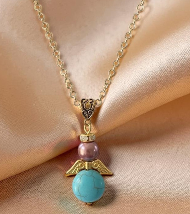 Angel Necklace Turquoise Howlite & Mauve Glass Pearl Bead Gold color Wings Chain