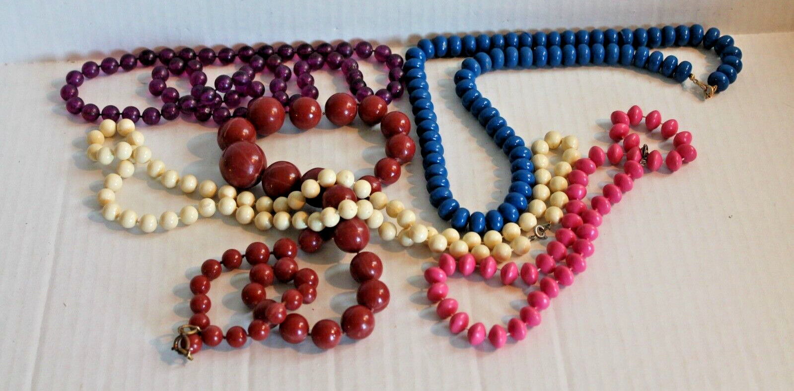 Vintage Necklace LOT of 5 Solid Color Beaded Necklaces Blue Pink Ivory Brown