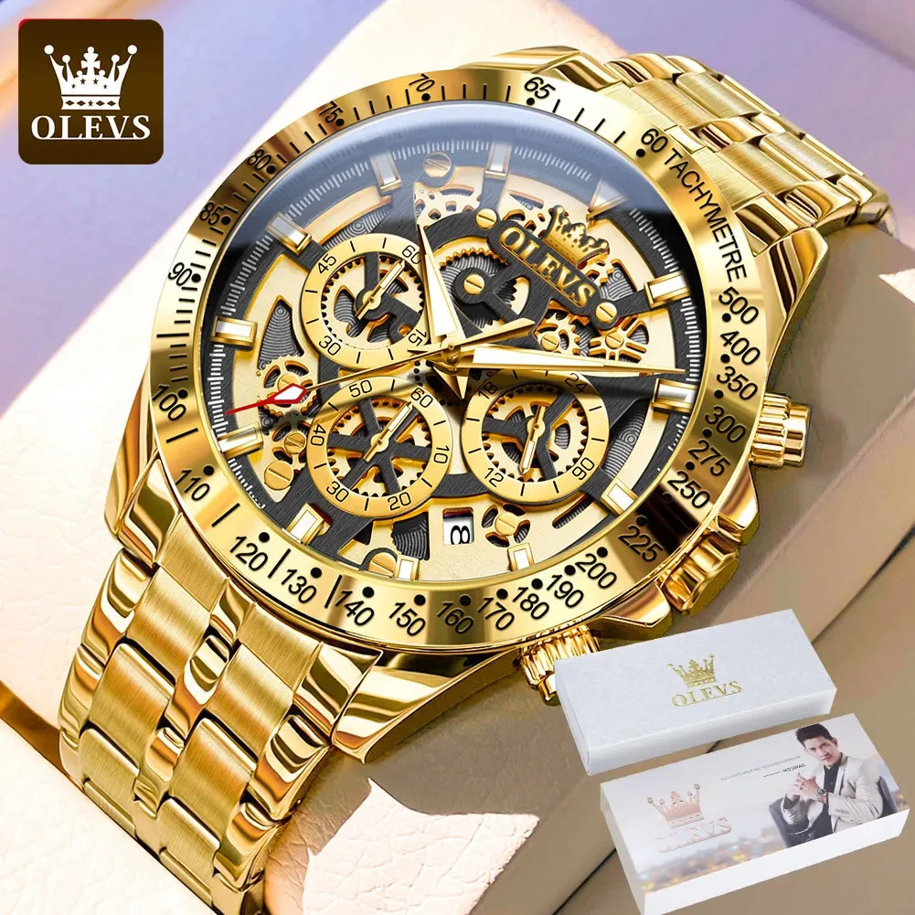 OLEVS 40mm Men’s Gold Skeleton Chronograph Watch