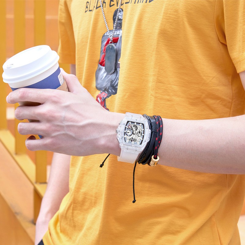Luminescent men’s watch with transparent case